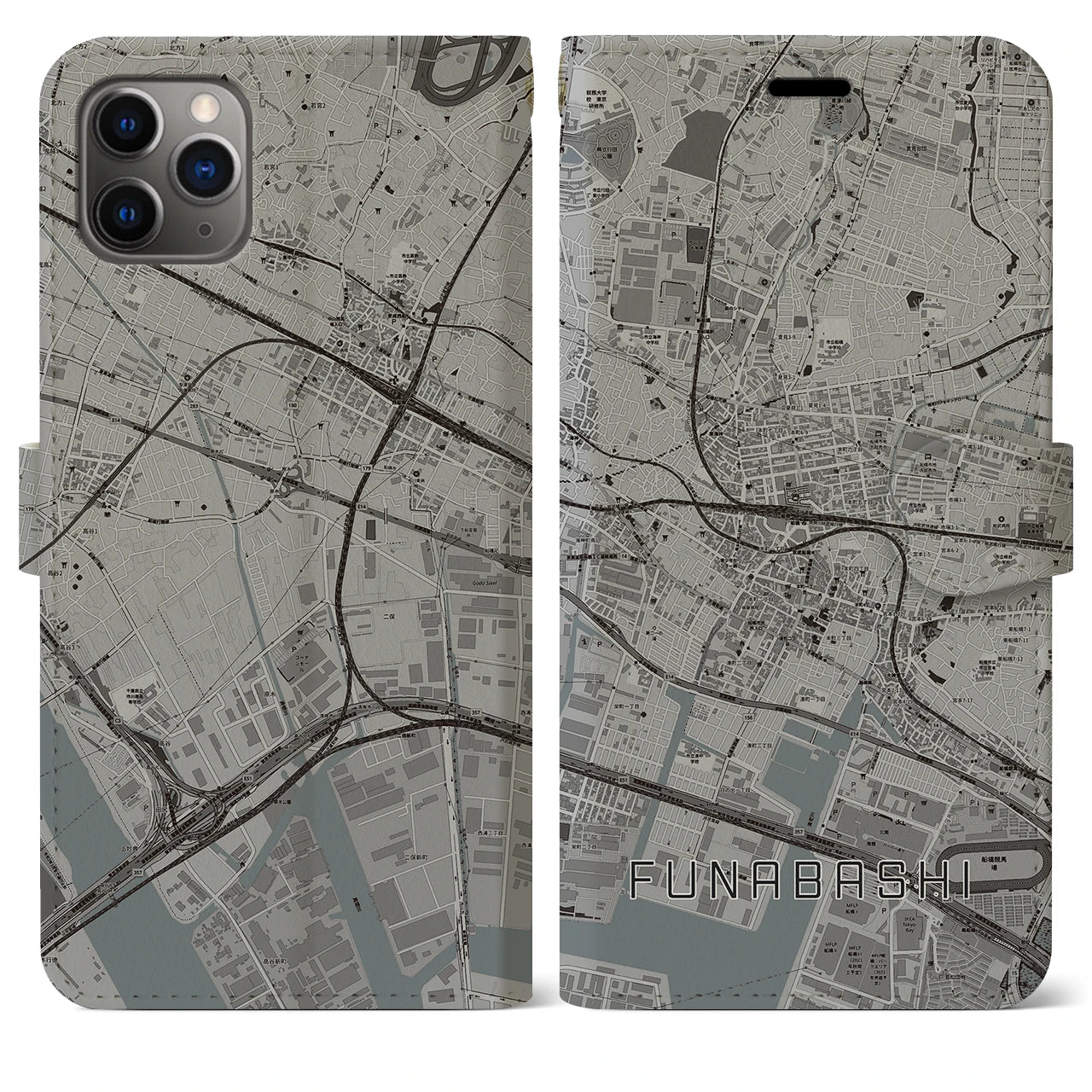 【船橋】地図柄iPhoneケース（手帳両面タイプ・モノトーン）iPhone 11 Pro Max 用