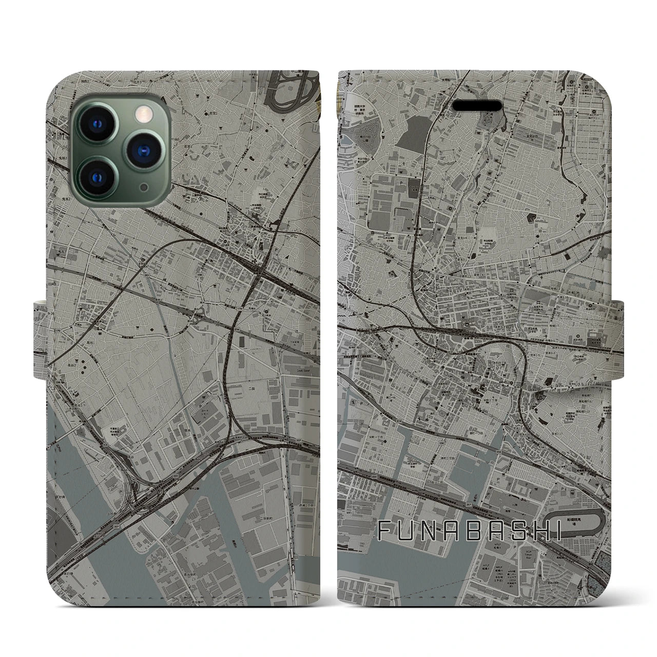 【船橋】地図柄iPhoneケース（手帳両面タイプ・モノトーン）iPhone 11 Pro 用