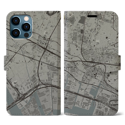 【船橋（千葉県）】地図柄iPhoneケース（手帳タイプ）モノトーン・iPhone 12 / 12 Pro 用