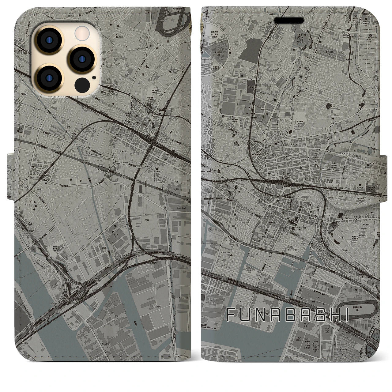 【船橋】地図柄iPhoneケース（手帳両面タイプ・モノトーン）iPhone 12 Pro Max 用