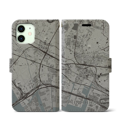 【船橋（千葉県）】地図柄iPhoneケース（手帳タイプ）モノトーン・iPhone 12 mini 用