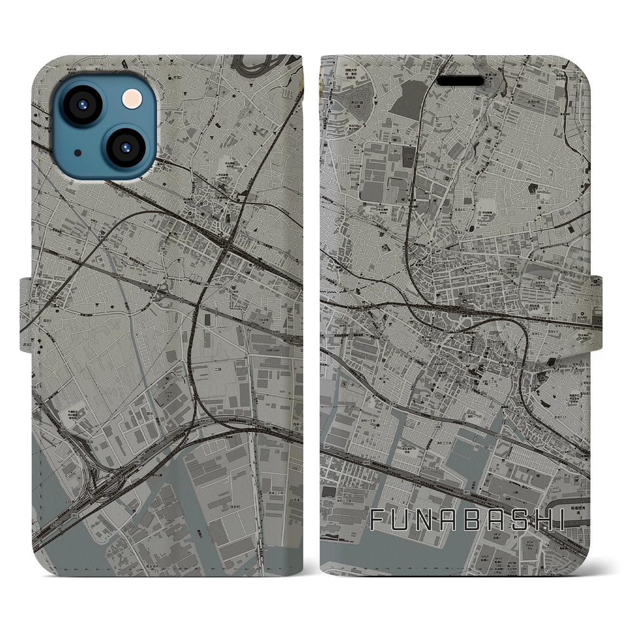 【船橋】地図柄iPhoneケース（手帳両面タイプ・モノトーン）iPhone 13 用