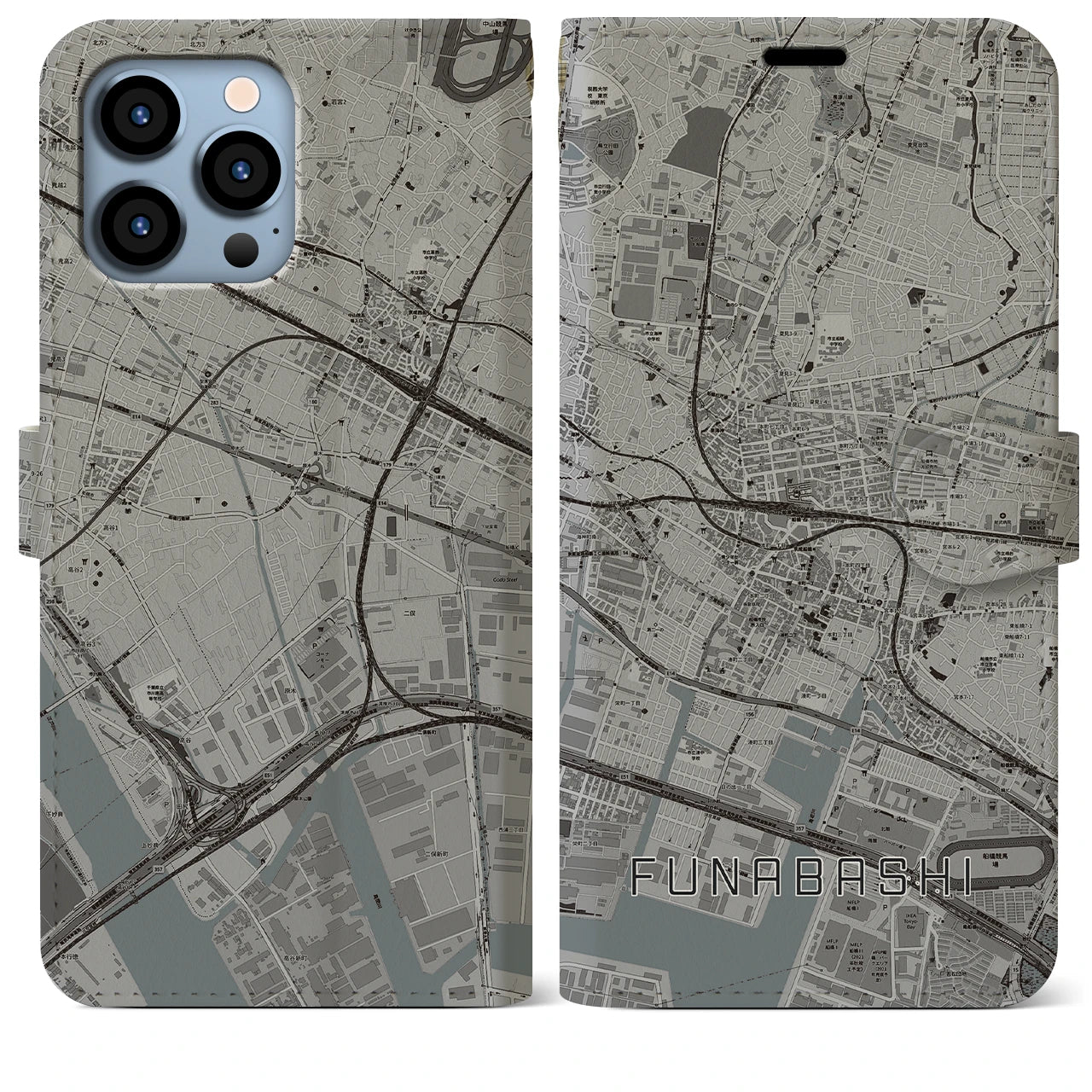 【船橋】地図柄iPhoneケース（手帳両面タイプ・モノトーン）iPhone 13 Pro Max 用