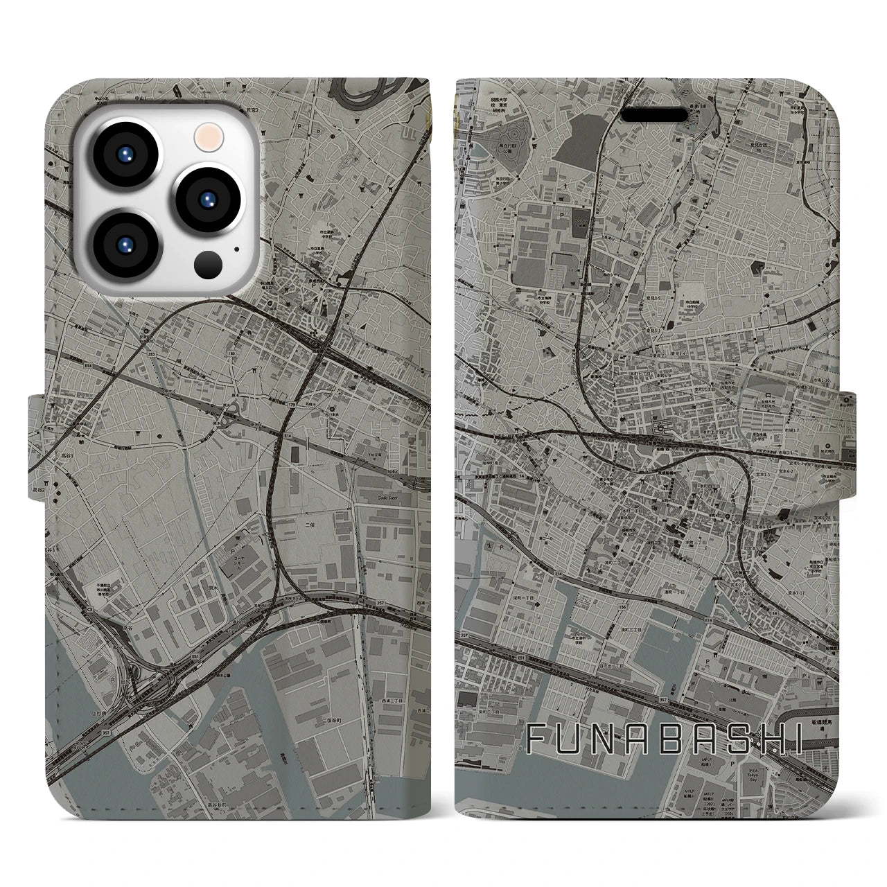 【船橋】地図柄iPhoneケース（手帳両面タイプ・モノトーン）iPhone 13 Pro 用