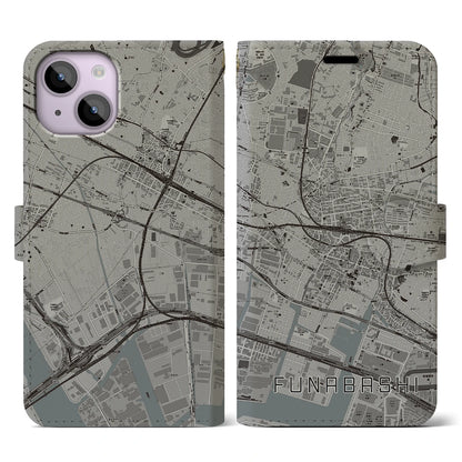 【船橋（千葉県）】地図柄iPhoneケース（手帳タイプ）モノトーン・iPhone 14 用