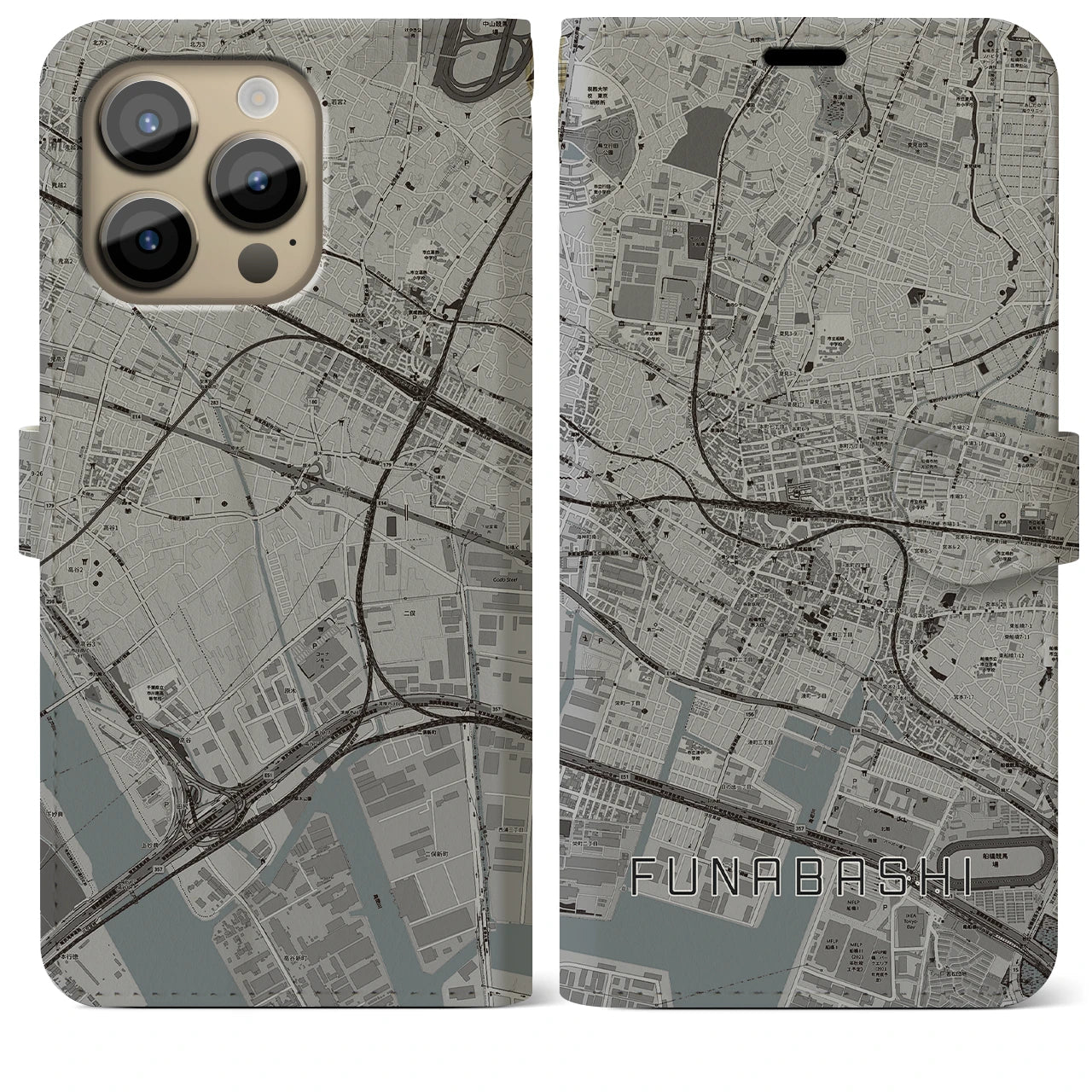 【船橋】地図柄iPhoneケース（手帳両面タイプ・モノトーン）iPhone 14 Pro Max 用