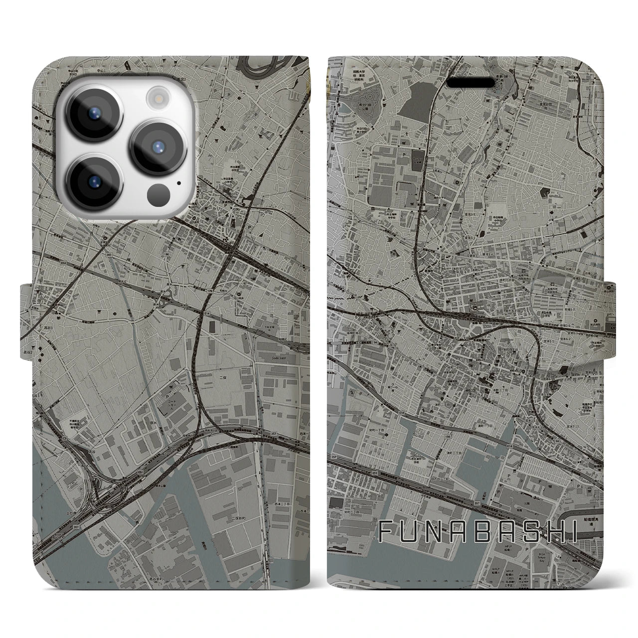 【船橋】地図柄iPhoneケース（手帳両面タイプ・モノトーン）iPhone 14 Pro 用