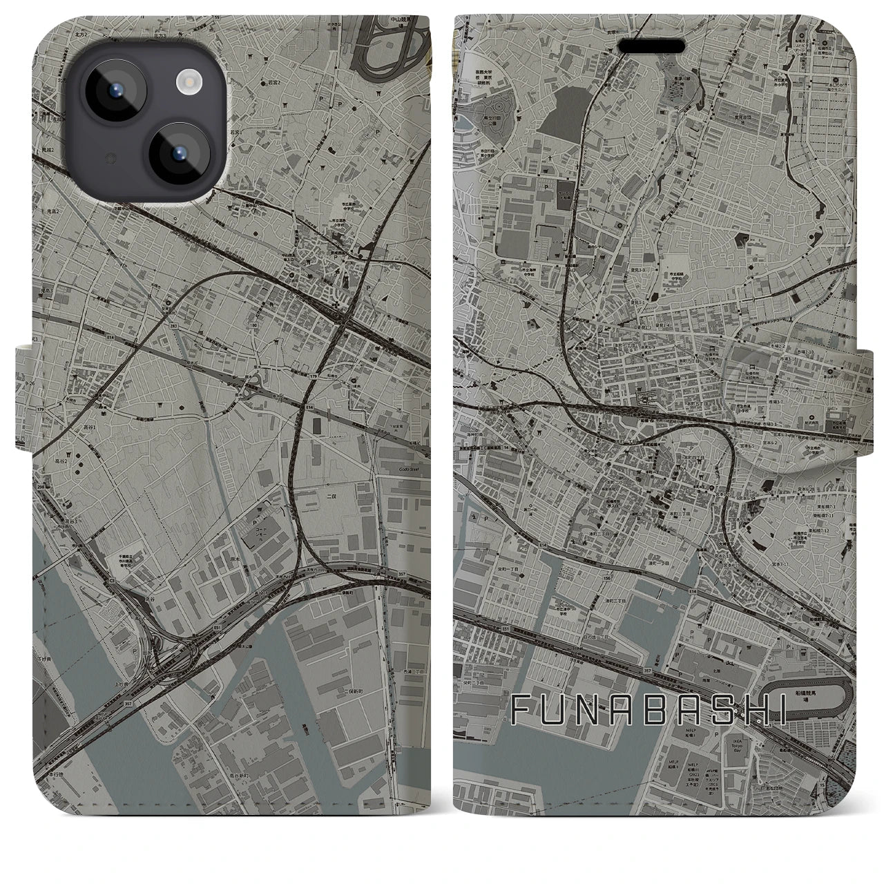 【船橋】地図柄iPhoneケース（手帳両面タイプ・モノトーン）iPhone 14 Plus 用