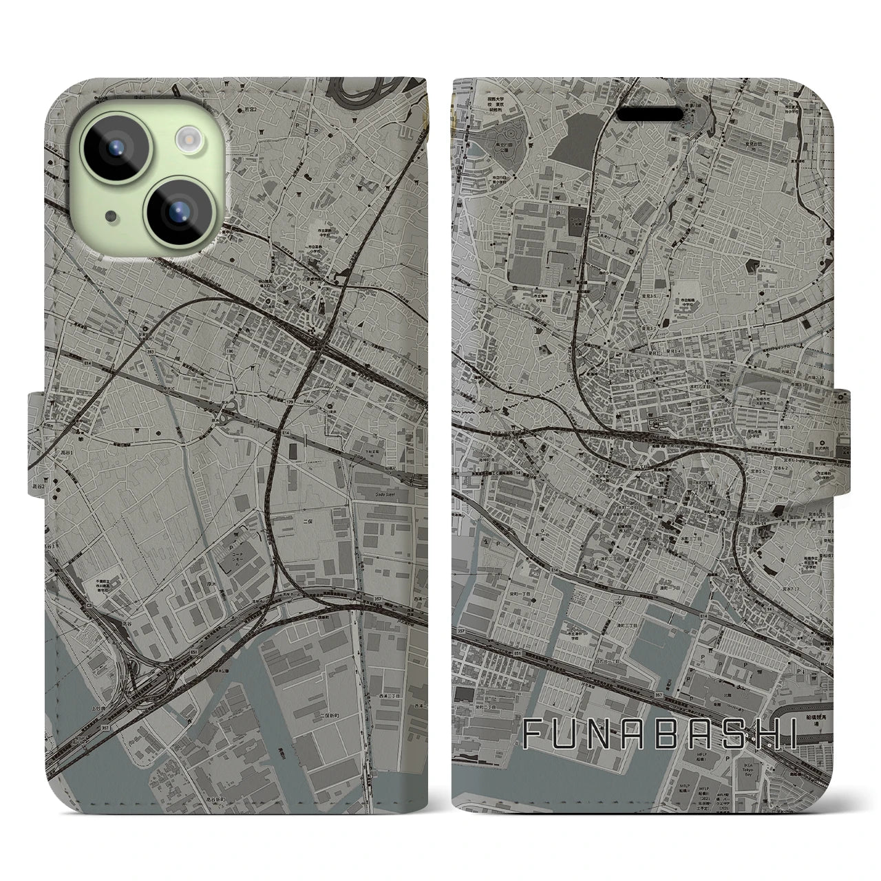 【船橋】地図柄iPhoneケース（手帳両面タイプ・モノトーン）iPhone 15 用