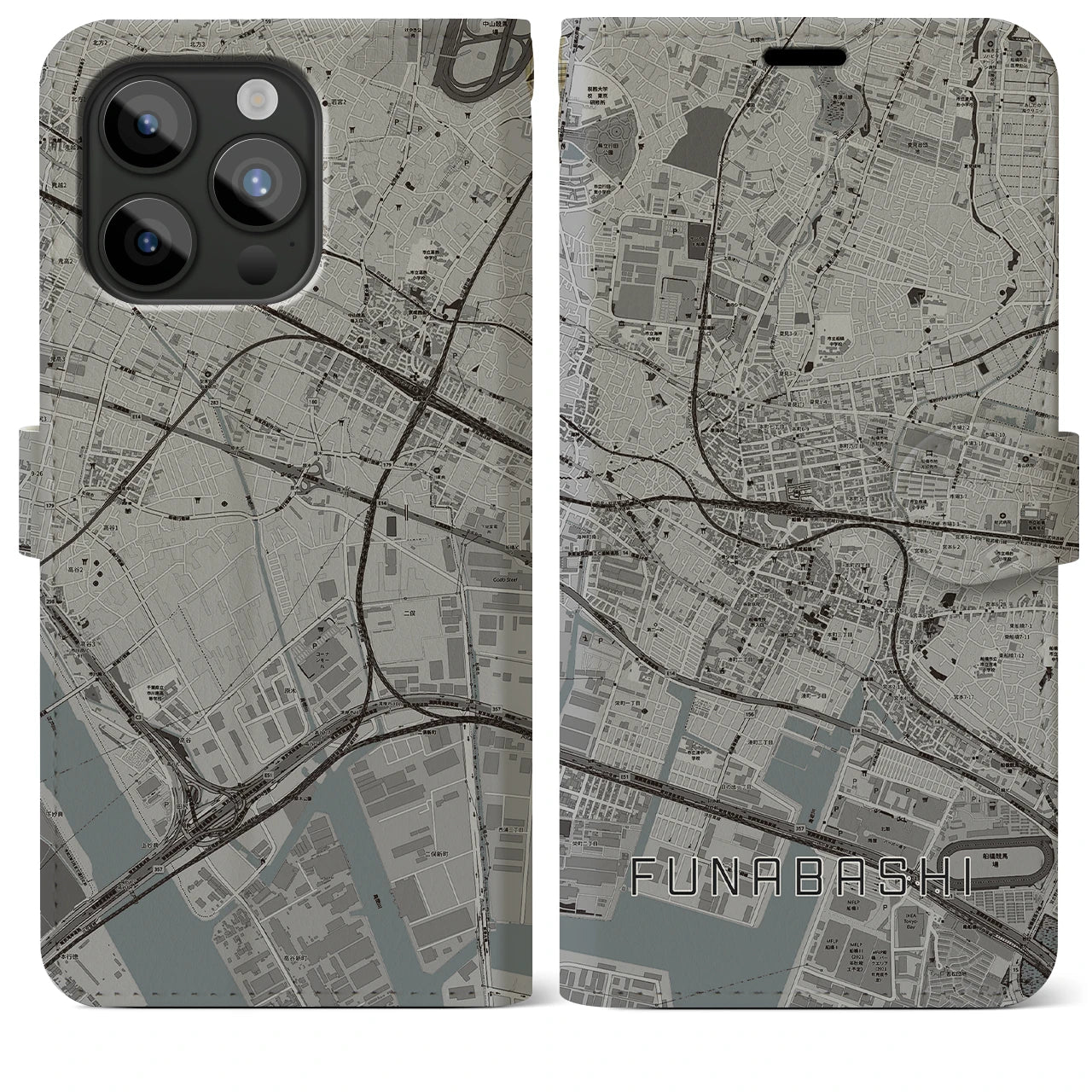 【船橋】地図柄iPhoneケース（手帳両面タイプ・モノトーン）iPhone 15 Pro Max 用