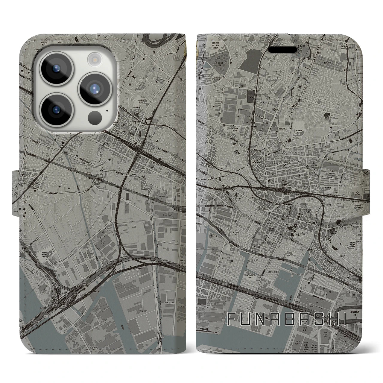【船橋】地図柄iPhoneケース（手帳両面タイプ・モノトーン）iPhone 15 Pro 用