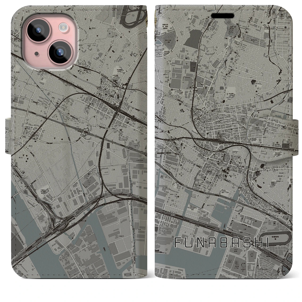 【船橋】地図柄iPhoneケース（手帳両面タイプ・モノトーン）iPhone 15 Plus 用