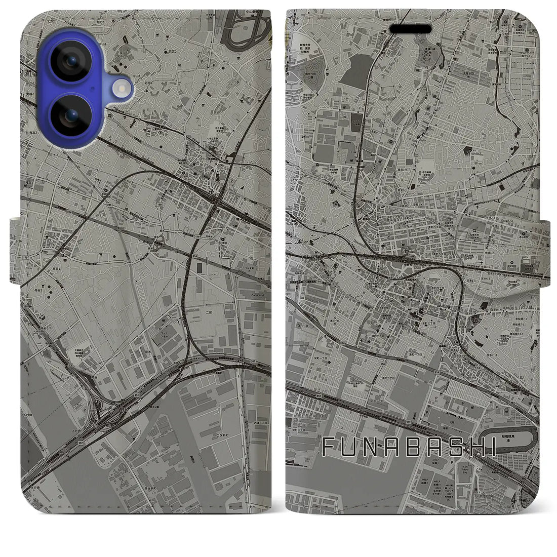 【船橋(千葉県)】地図柄iPhoneケース(手帳タイプ)モノトーン・iPhone 16 Pro Max 用