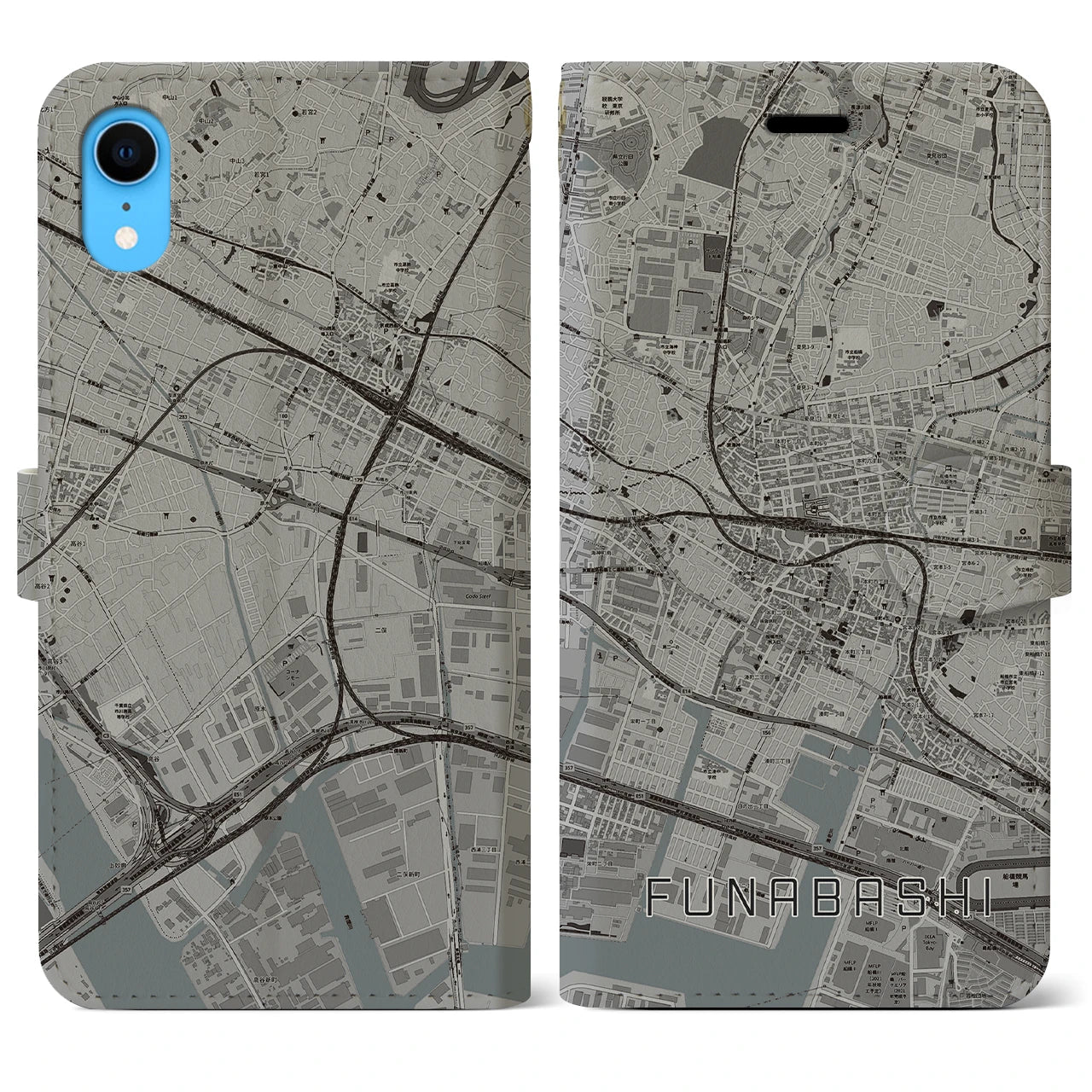 【船橋】地図柄iPhoneケース（手帳両面タイプ・モノトーン）iPhone XR 用