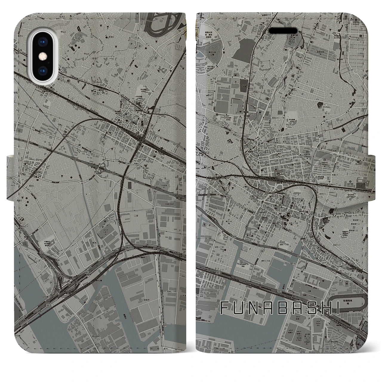 【船橋】地図柄iPhoneケース（手帳両面タイプ・モノトーン）iPhone XS Max 用