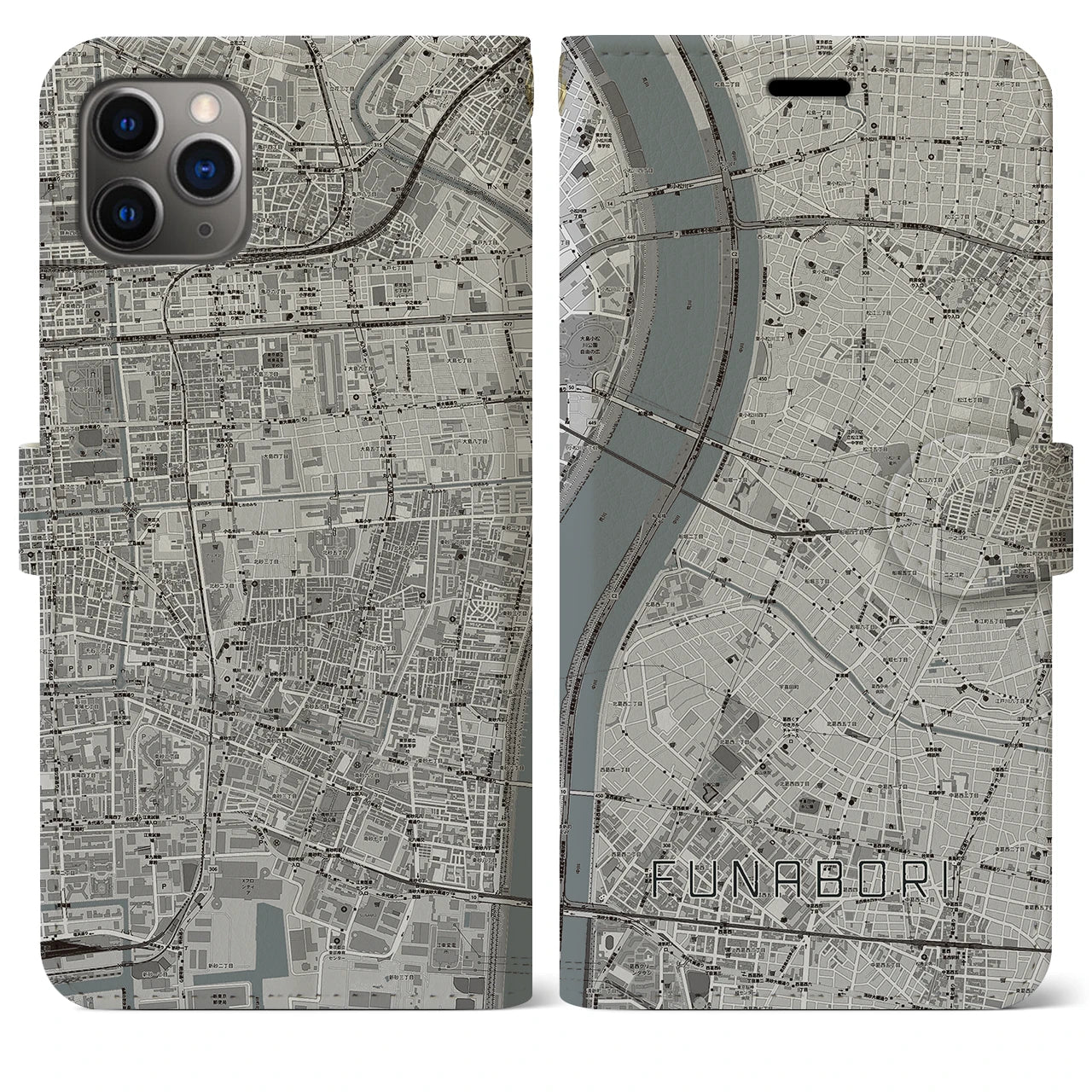 【船堀】地図柄iPhoneケース（手帳両面タイプ・モノトーン）iPhone 11 Pro Max 用