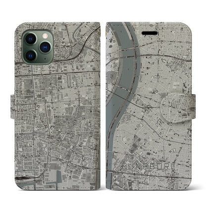 【船堀（東京都）】地図柄iPhoneケース（手帳タイプ）モノトーン・iPhone 11 Pro 用