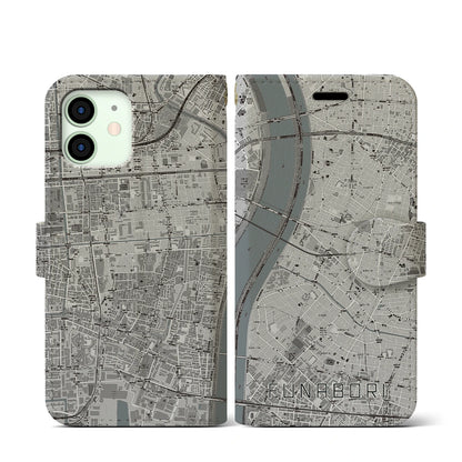 【船堀（東京都）】地図柄iPhoneケース（手帳タイプ）モノトーン・iPhone 12 mini 用