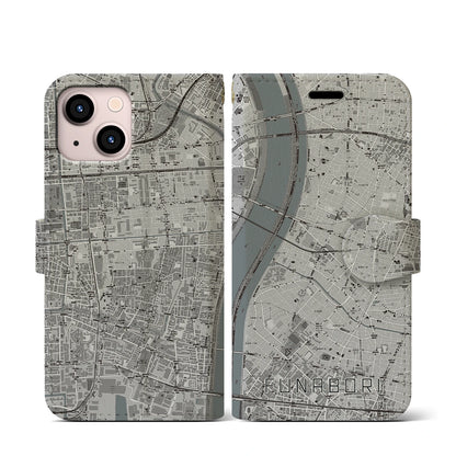 【船堀（東京都）】地図柄iPhoneケース（手帳タイプ）モノトーン・iPhone 13 mini 用