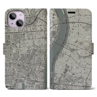 【船堀（東京都）】地図柄iPhoneケース（手帳タイプ）モノトーン・iPhone 14 用
