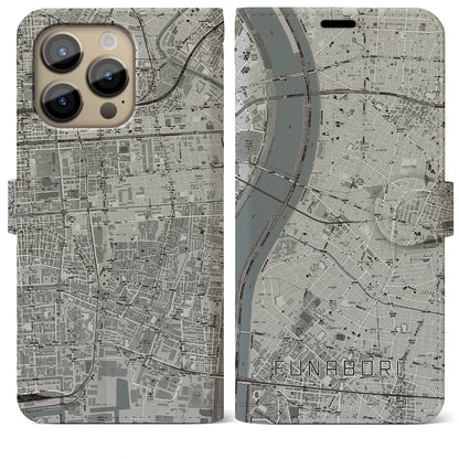 【船堀（東京都）】地図柄iPhoneケース（手帳タイプ）モノトーン・iPhone 14 Pro Max 用