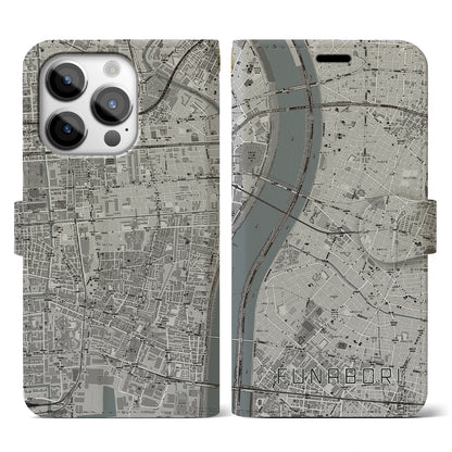 【船堀（東京都）】地図柄iPhoneケース（手帳タイプ）モノトーン・iPhone 14 Pro 用