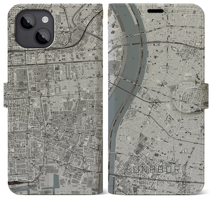 【船堀（東京都）】地図柄iPhoneケース（手帳タイプ）モノトーン・iPhone 14 Plus 用