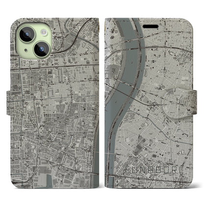 【船堀（東京都）】地図柄iPhoneケース（手帳タイプ）モノトーン・iPhone 15 用