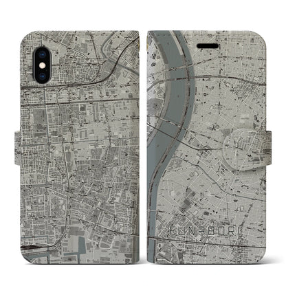 【船堀（東京都）】地図柄iPhoneケース（手帳タイプ）モノトーン・iPhone XS / X 用