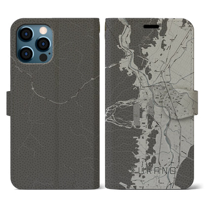 【富良野（北海道）】地図柄iPhoneケース（手帳タイプ）モノトーン・iPhone 12 / 12 Pro 用