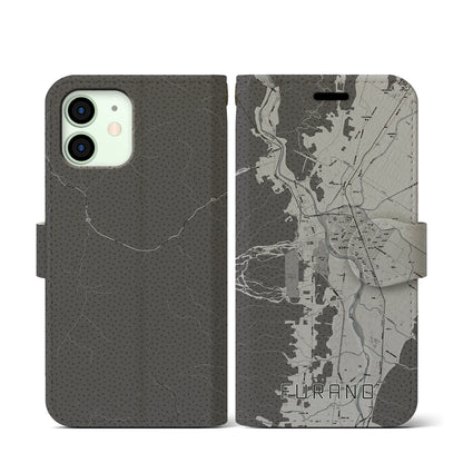 【富良野（北海道）】地図柄iPhoneケース（手帳タイプ）モノトーン・iPhone 12 mini 用