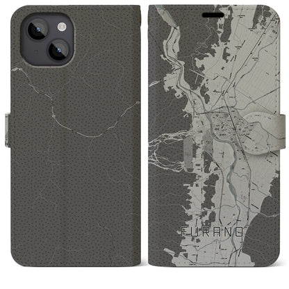 【富良野（北海道）】地図柄iPhoneケース（手帳タイプ）モノトーン・iPhone 14 Plus 用