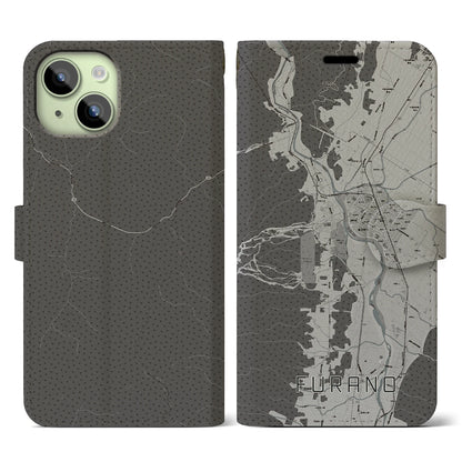 【富良野（北海道）】地図柄iPhoneケース（手帳タイプ）モノトーン・iPhone 15 用