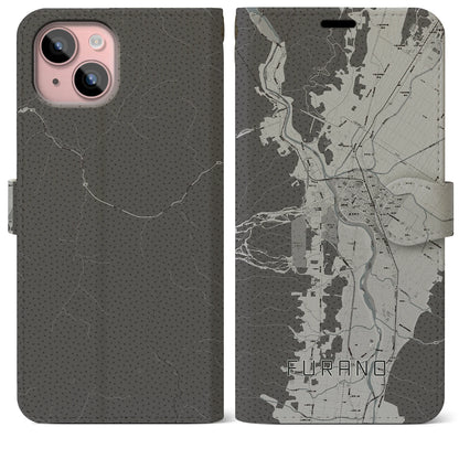 【富良野（北海道）】地図柄iPhoneケース（手帳タイプ）モノトーン・iPhone 15 Plus 用