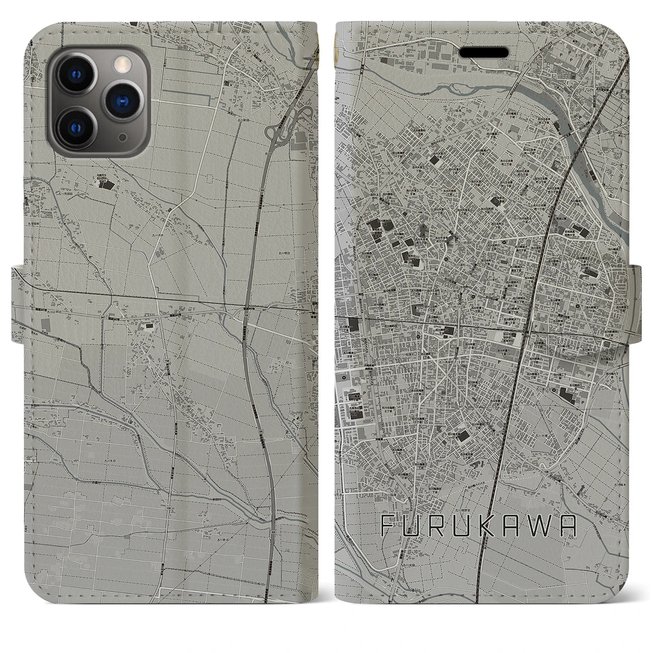 【古川】地図柄iPhoneケース（手帳両面タイプ・モノトーン）iPhone 11 Pro Max 用
