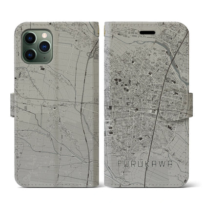 【古川（宮城県）】地図柄iPhoneケース（手帳タイプ）モノトーン・iPhone 11 Pro 用