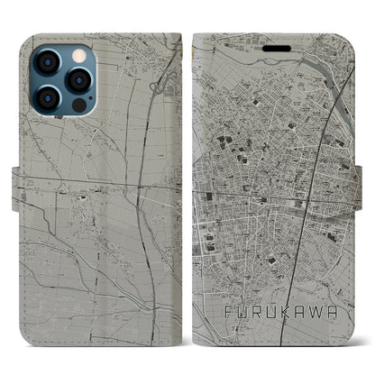 【古川（宮城県）】地図柄iPhoneケース（手帳タイプ）モノトーン・iPhone 12 / 12 Pro 用