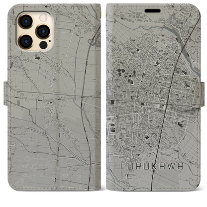 【古川（宮城県）】地図柄iPhoneケース（手帳タイプ）モノトーン・iPhone 12 Pro Max 用