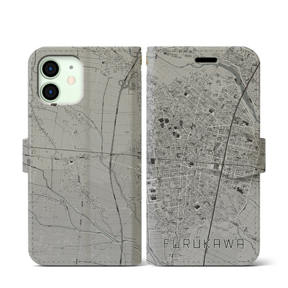 【古川（宮城県）】地図柄iPhoneケース（手帳タイプ）モノトーン・iPhone 12 mini 用