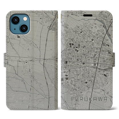 【古川（宮城県）】地図柄iPhoneケース（手帳タイプ）モノトーン・iPhone 13 用