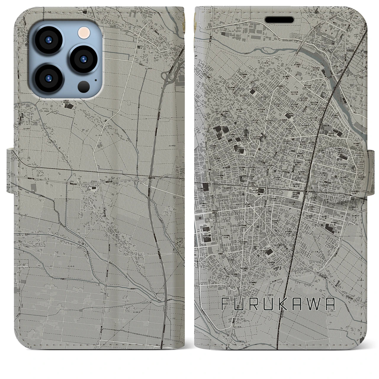 【古川】地図柄iPhoneケース（手帳両面タイプ・モノトーン）iPhone 13 Pro Max 用