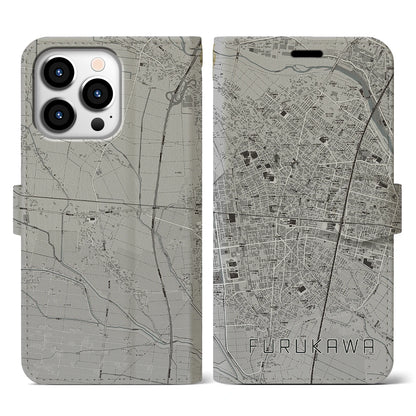 【古川（宮城県）】地図柄iPhoneケース（手帳タイプ）モノトーン・iPhone 13 Pro 用