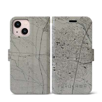 【古川（宮城県）】地図柄iPhoneケース（手帳タイプ）モノトーン・iPhone 13 mini 用