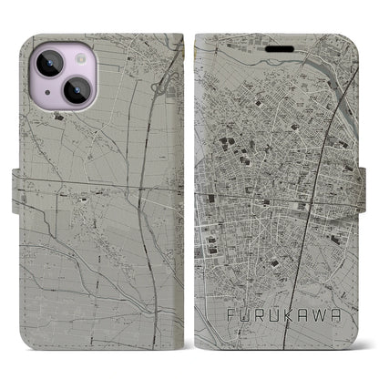 【古川（宮城県）】地図柄iPhoneケース（手帳タイプ）モノトーン・iPhone 14 用