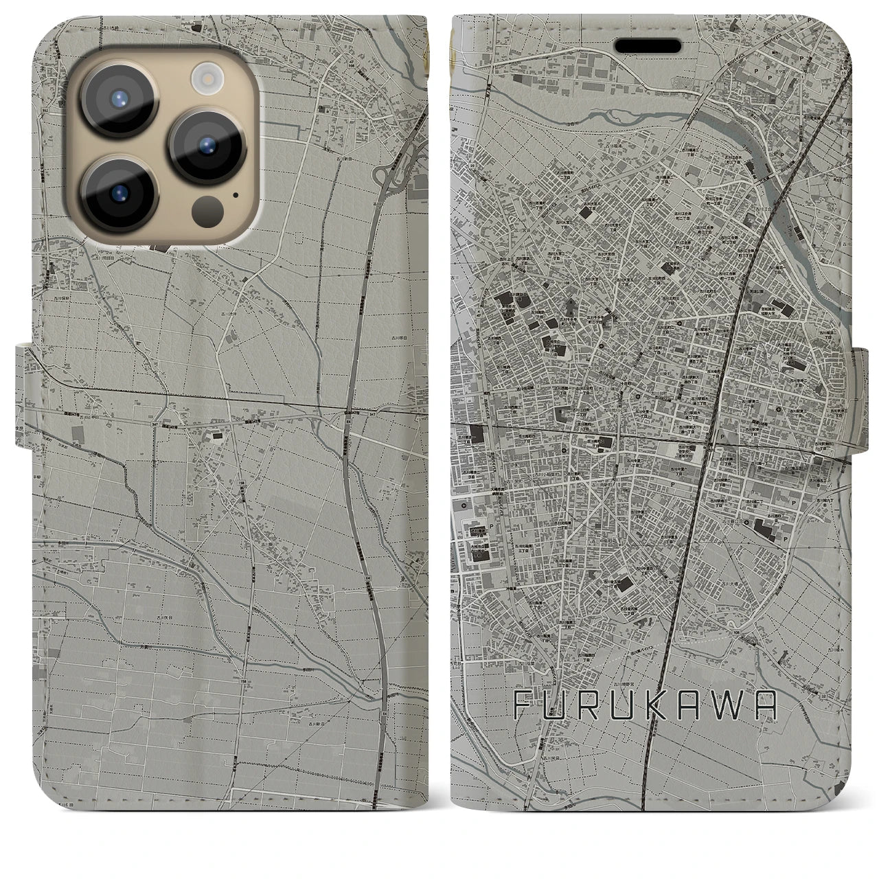 【古川】地図柄iPhoneケース（手帳両面タイプ・モノトーン）iPhone 14 Pro Max 用