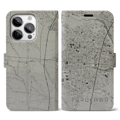 【古川（宮城県）】地図柄iPhoneケース（手帳タイプ）モノトーン・iPhone 14 Pro 用