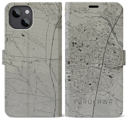 【古川（宮城県）】地図柄iPhoneケース（手帳タイプ）モノトーン・iPhone 14 Plus 用