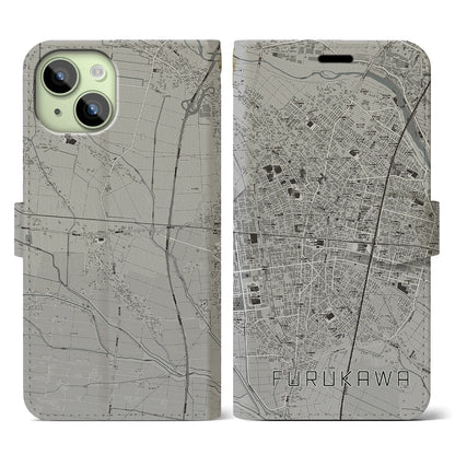 【古川（宮城県）】地図柄iPhoneケース（手帳タイプ）モノトーン・iPhone 15 用