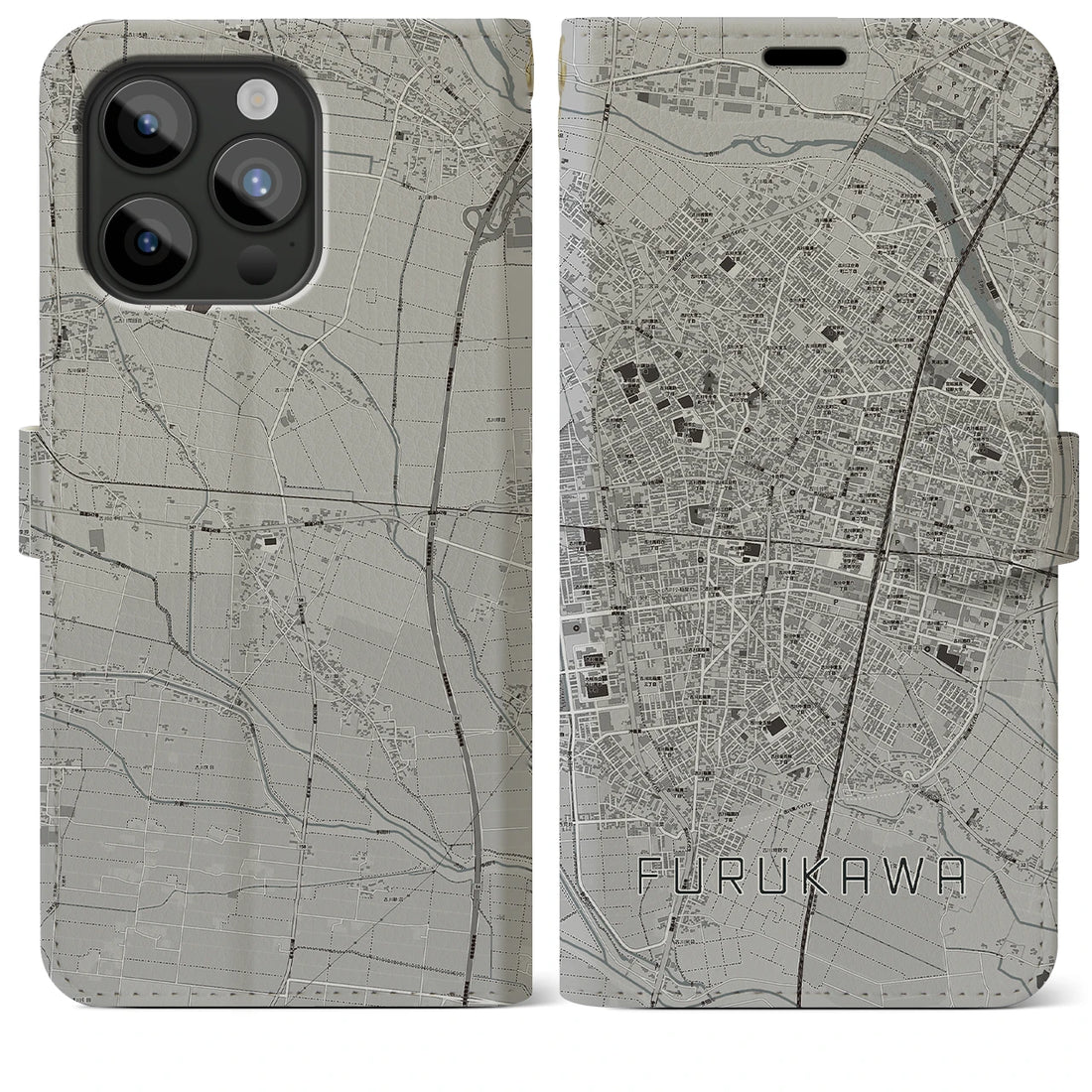 【古川】地図柄iPhoneケース（手帳両面タイプ・モノトーン）iPhone 15 Pro Max 用