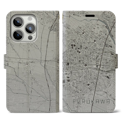 【古川（宮城県）】地図柄iPhoneケース（手帳タイプ）モノトーン・iPhone 15 Pro 用